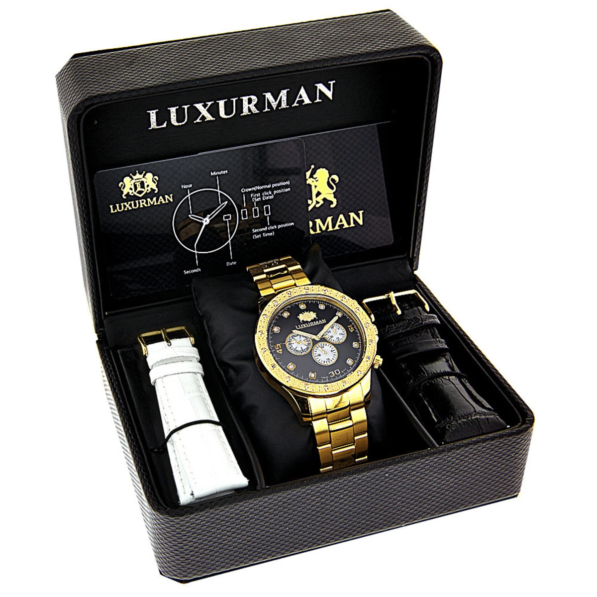 Black Dial Yellow Gold Plated Luxurman Diamond Watch For Men 0.2ct New 4 Black Dial Yellow Gold Plated Luxurman Diamond Watch For Men 0.2ct New - Image 4