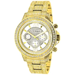Fully Iced Out Men's Diamond Watch 3ct Yellow Gold Plt Luxurman Swiss Movmnt