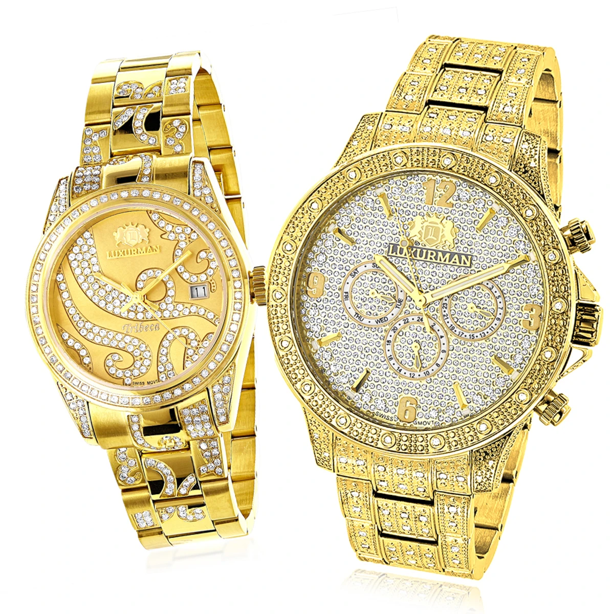 His And Hers Luxurman Diamond Watch Set Yellow Gold Plated 4.25ct 1 His And Hers Luxurman Diamond Watch Set Yellow Gold Plated 4.25ct