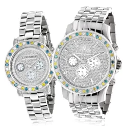 His And Hers White Blue Yellow Diamond Watch Set 5.25ct Luxurman