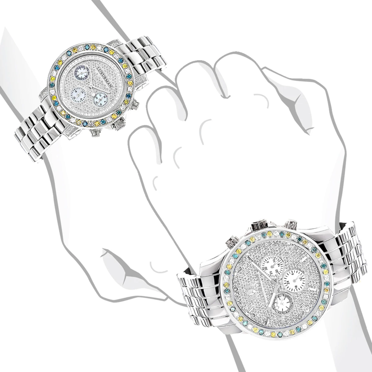 His And Hers White Blue Yellow Diamond Watch Set 5.25ct Luxurman 3 His And Hers White Blue Yellow Diamond Watch Set 5.25ct Luxurman - Image 3