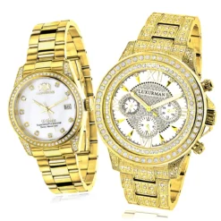 His And Hers Yellow Gold Plated Luxurman Diamond Watch 4.5ct