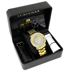 Iced Out Luxurman Large Diamond Bezel Watch For Men Yellow Gold Plated 2.5ct -PNZ Watches Shop iced out luxurman large diamond bezel watch for men yellow gold plated 25c box
