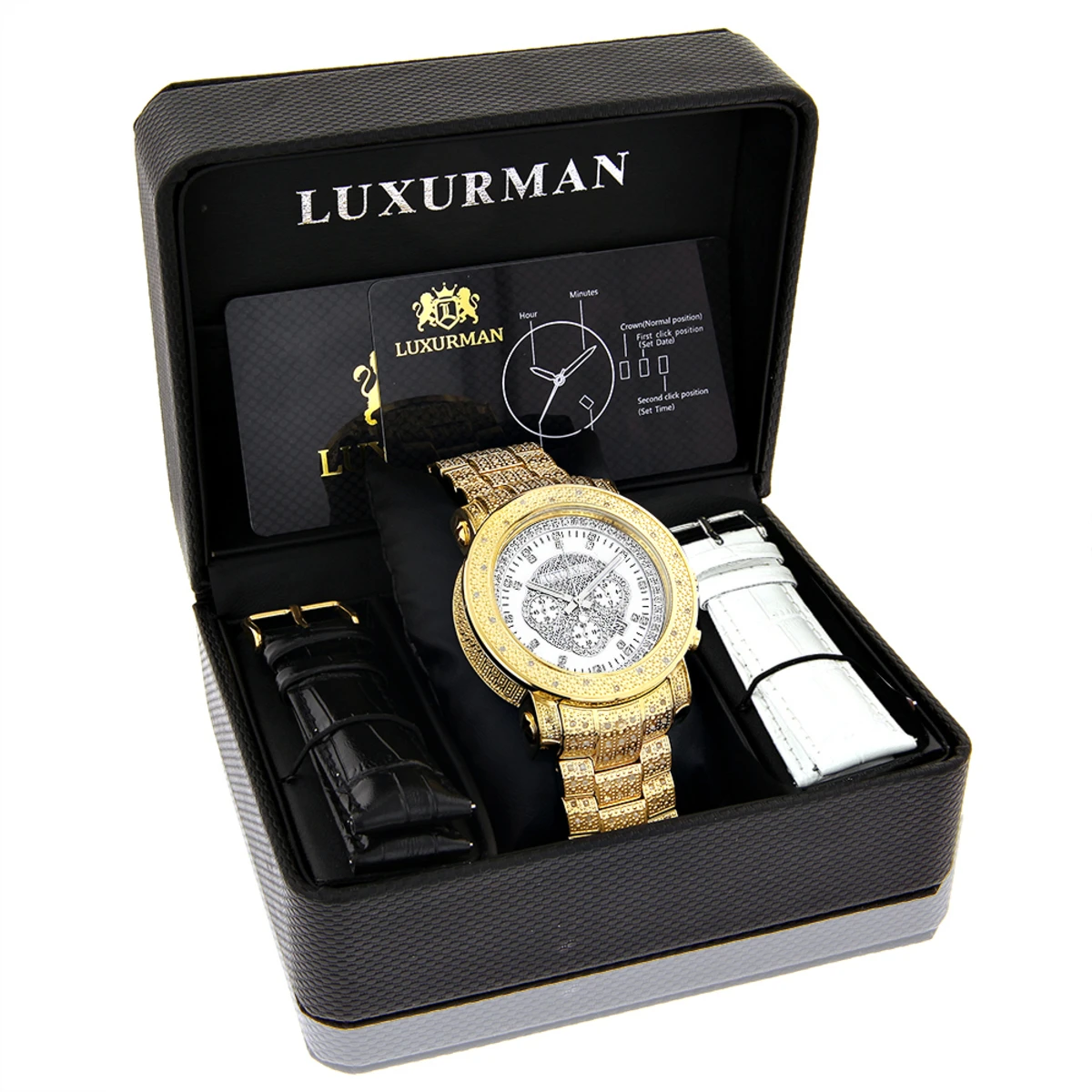 Iced Out Luxurman Men's Diamond Watch W Chronograph Yellow Gold Plated 2ct 4 Iced Out Luxurman Men's Diamond Watch W Chronograph Yellow Gold Plated 2ct - Image 4