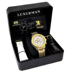 Iced Out Men's Luxurman Watch With Diamond Band 1.25ct Yellow Gold Plated -PNZ Watches Shop iced out mens luxurman watch with diamond band 125ct yellow gold 9