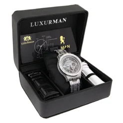 Iced Out Men's Watch With Diamond Band 1.25ct Luxurman Liberty -PNZ Watches Shop iced out mens watch with diamond band 125ct luxurman liberty box