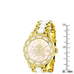 Ladies Diamond Yellow Gold Pld Steel & White Ceramic Watch Pink MOP -PNZ Watches Shop ladies diamond watches yellow gold pld steel white ceramic watch pink mop ruler