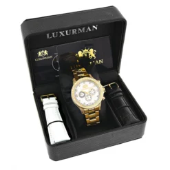 Large Diamond Bezel Watch By Luxurman 2.3ct Men's Yellow Gold Plated Liberty -PNZ Watches Shop large diamond bezel watch by luxurman 23ct mens yellow gold plated liberty 4