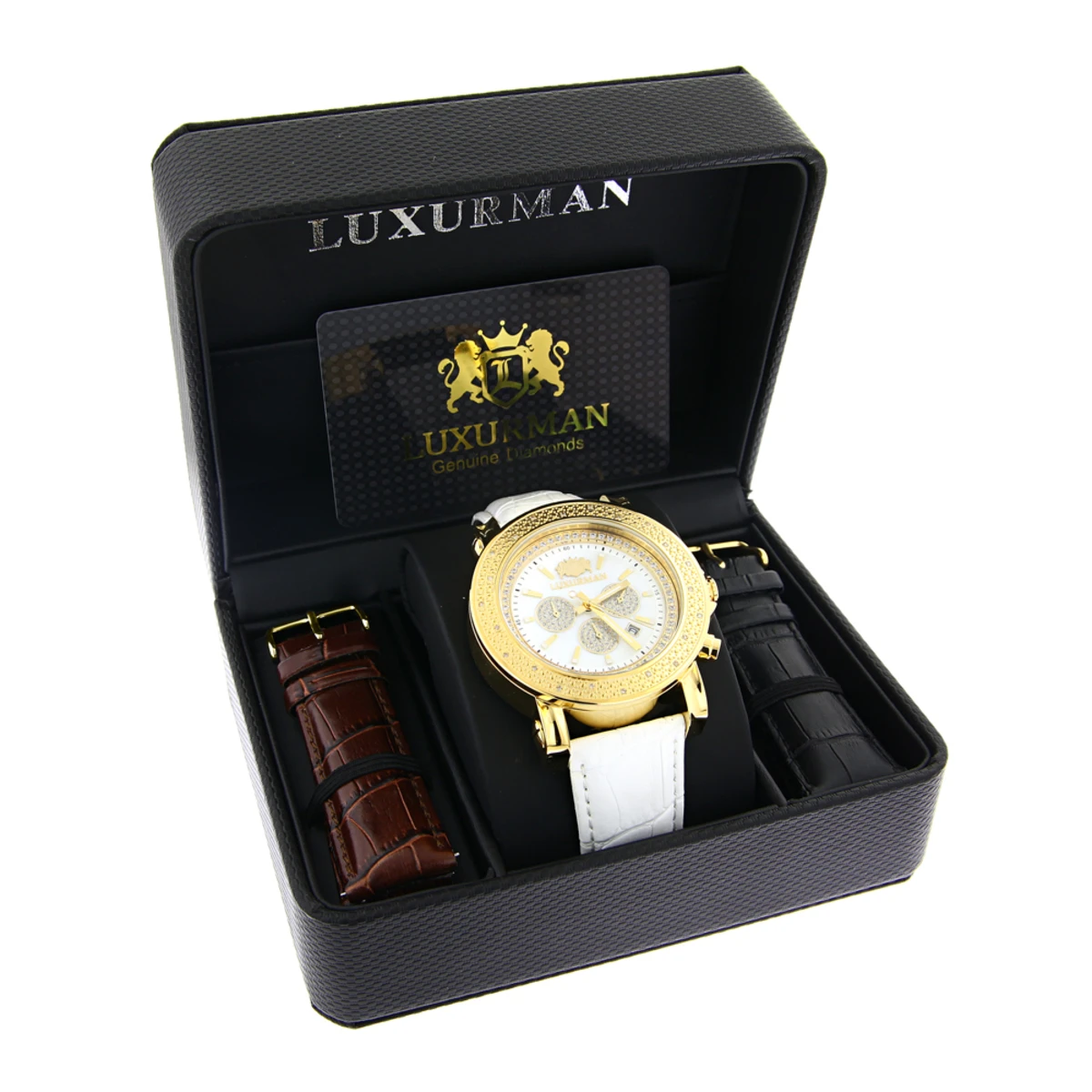 Large Luxurman Men's Watch 0.25ct Diamonds Yellow Gold Plated Escalade With Leather Bands 4 Large Luxurman Men's Watch 0.25ct Diamonds Yellow Gold Plated Escalade With Leather Bands - Image 4
