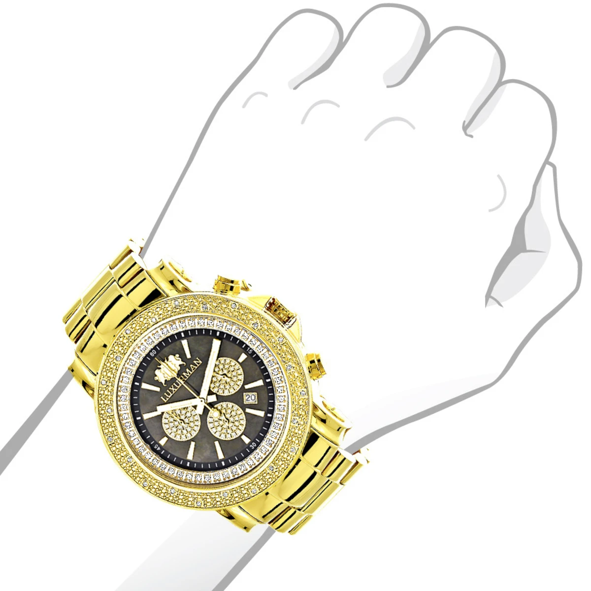 Large Luxurman Men's Watch With Diamonds 0.25ct Yellow Gold Plated W Chronograph 2 Large Luxurman Men's Watch With Diamonds 0.25ct Yellow Gold Plated W Chronograph - Image 2