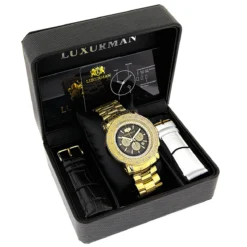 Large Luxurman Men's Watch With Diamonds 0.25ct Yellow Gold Plated W Chronograph 7 Large Luxurman Men's Watch With Diamonds 0.25ct Yellow Gold Plated W Chronograph -PNZ Watches Shop large luxurman mens watch with diamonds 025ct yellow gold plated box