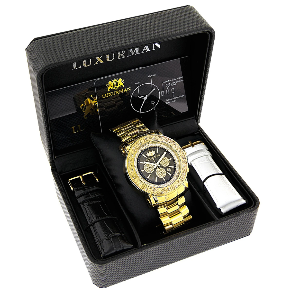 Large Luxurman Men's Watch With Diamonds 0.25ct Yellow Gold Plated W Chronograph 3 Large Luxurman Men's Watch With Diamonds 0.25ct Yellow Gold Plated W Chronograph - Image 3