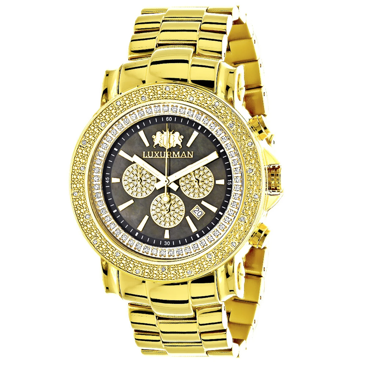 Large Luxurman Men's Watch With Diamonds 0.25ct Yellow Gold Plated W Chronograph 1 Large Luxurman Men's Watch With Diamonds 0.25ct Yellow Gold Plated W Chronograph