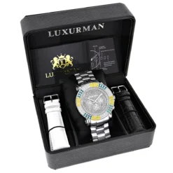 Large Men's Multicolor White Yellow Blue Diamond Watch 4ct Luxurman Escalade 8 Large Men's Multicolor White Yellow Blue Diamond Watch 4ct Luxurman Escalade -PNZ Watches Shop large mens multicolor white yellow blue diamond watch 4ct luxurman escalade box