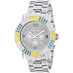 Large Men's Multicolor White Yellow Blue Diamond Watch 4ct Luxurman Escalade