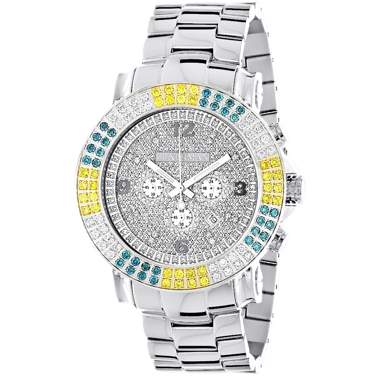 Large Men's Multicolor White Yellow Blue Diamond Watch 4ct Luxurman Escalade 1 Large Men's Multicolor White Yellow Blue Diamond Watch 4ct Luxurman Escalade