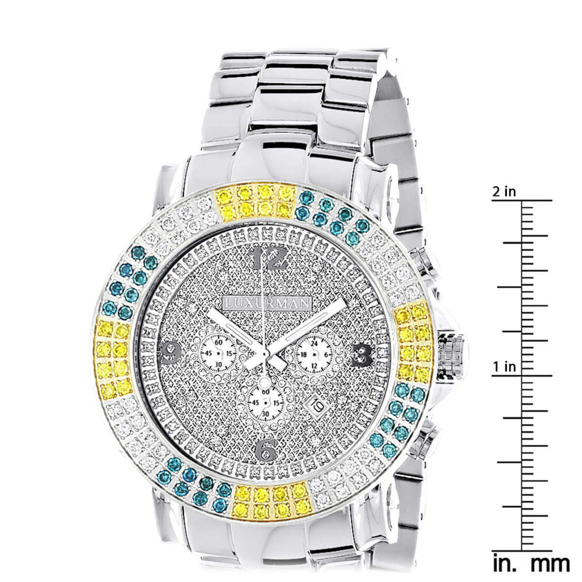 Large Men's Multicolor White Yellow Blue Diamond Watch 4ct Luxurman Escalade 5 Large Men's Multicolor White Yellow Blue Diamond Watch 4ct Luxurman Escalade - Image 5