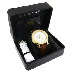 Large Yellow Gold Plated Phantom Men's Diamond Watch Luxurman Logo Face 8 Large Yellow Gold Plated Phantom Men's Diamond Watch Luxurman Logo Face -PNZ Watches Shop large yellow gold plated diamond watch for men by luxurman phantom 012ct box