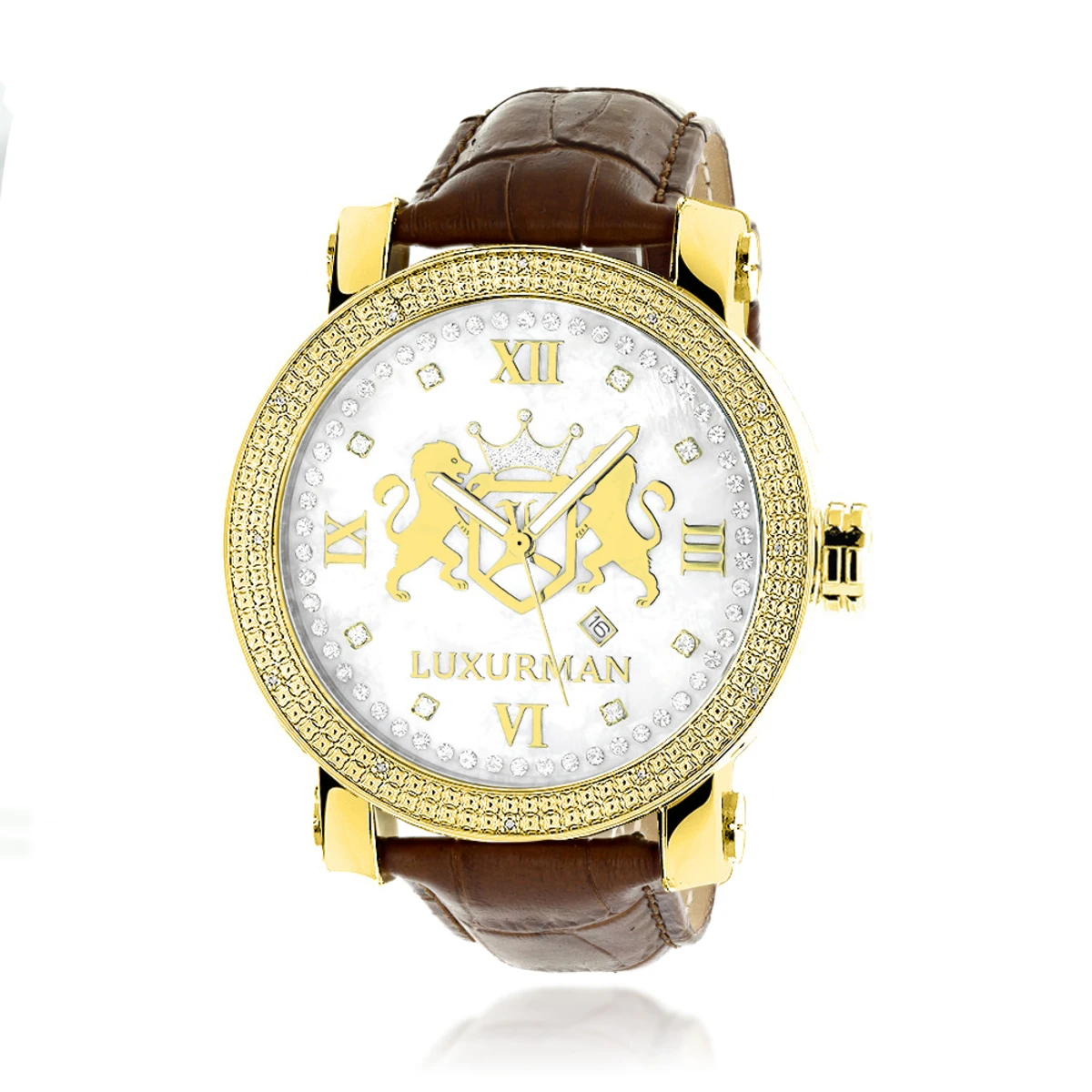 Large Yellow Gold Plated Phantom Men's Diamond Watch Luxurman Logo Face 1 Large Yellow Gold Plated Phantom Men's Diamond Watch Luxurman Logo Face