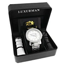 Large Diamond Watches For Men 0.12ct Luxurman Phantom White MOP -PNZ Watches Shop limited edition luxurman mens diamond watch 012ct box