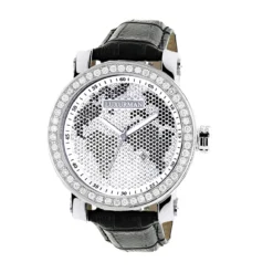 Luxurman Black&White Diamonds World Map Dial Watch With Black Leather Band