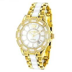 Luxurman Ladies Diamond White Ceramic Watch 1.25ct White MOP Galaxy Yellow Gold