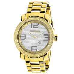Luxurman Men's Yellow Gold Plated Encrusted Dial 0.12ct Diamond Bezel Watch
