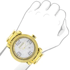 Luxurman Men's Yellow Gold Plated Encrusted Dial 0.12ct Diamond Bezel Watch -PNZ Watches Shop luxurman mens diamond watch 012ct yellow p 35219bod