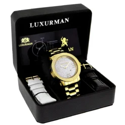 Luxurman Men's Yellow Gold Plated Encrusted Dial 0.12ct Diamond Bezel Watch -PNZ Watches Shop luxurman mens diamond watch 012ct yellow p 35219box