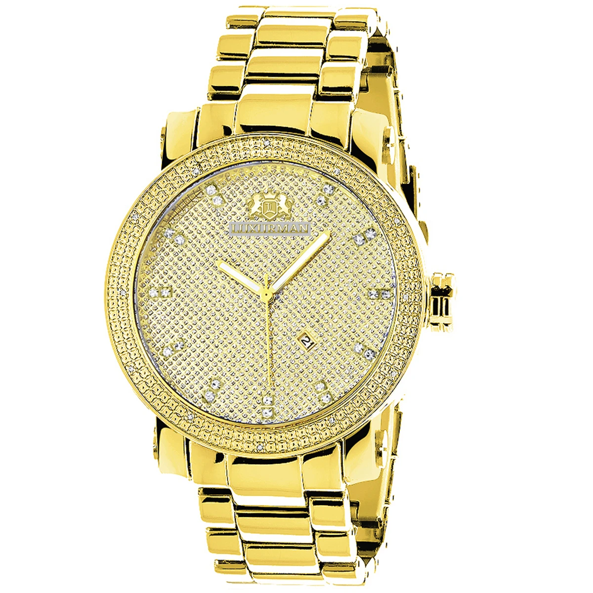 Large Luxurman Men's Diamond Watch 0.12ct Yellow Gold Plated Phantom 1 Large Luxurman Men's Diamond Watch 0.12ct Yellow Gold Plated Phantom