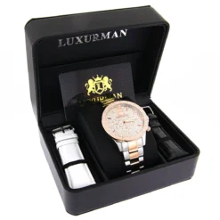 Luxurman Men's Diamond Watch Two-Tone White Rose Gold Pltd Liberty Swiss Mvt -PNZ Watches Shop luxurman mens diamond watch two tone white rose gold pltd liberty swiss mvt box