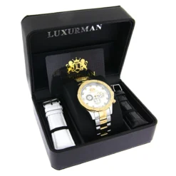 Luxurman Men's Diamond 18k Yellow White Gold Plated Swiss Quartz Liberty Watch -PNZ Watches Shop luxurman mens diamond watches 18k yellow white gold plated swiss quartz liberty box