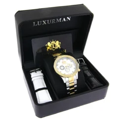 Luxurman Men's Diamond Yellow White Gold Plated Swiss Quartz Liberty Watch -PNZ Watches Shop luxurman mens diamond watches yellow white gold plated swiss quartz liberty box