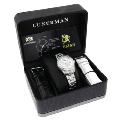 Luxurman Tribeca Women's Diamond Bezel & Band Watch 3ct Platinum Plated -PNZ Watches Shop luxurman tribeca womens diamond bezel band watch 3ct platinum plated box