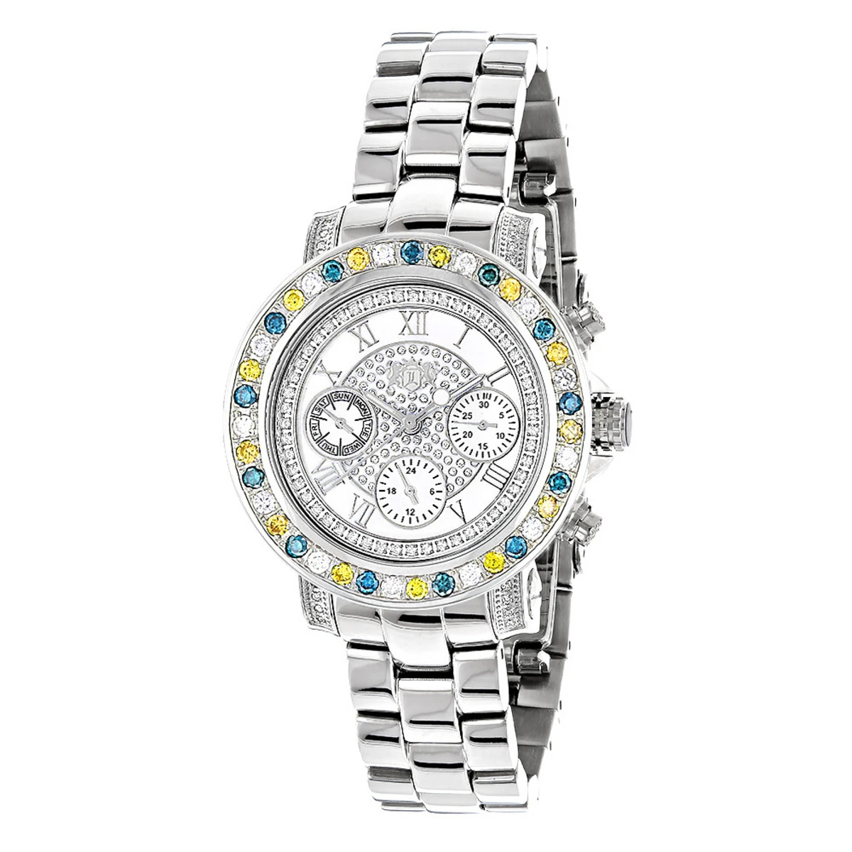 Luxurman Ladies White Yellow Blue Diamonds Watch 2.75ct 1 Luxurman Ladies White Yellow Blue Diamonds Watch 2.75ct