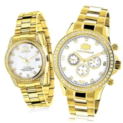 Matching His And Hers Luxurman Yellow Gold Plated Diamond Watch Set