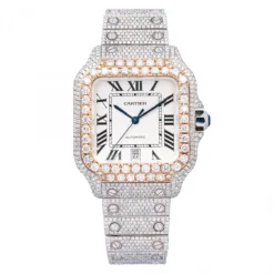 Men's Diamond Watch Cartier Santos De Cartier 18K Gold 40mm White Dial