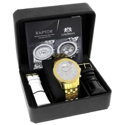 Men's Diamond Watch Yellow Gold Plated Luxurman Raptor 025ct W Metal Band -PNZ Watches Shop mens diamond watch yellow gold plated luxurman raptor 025ct w metal band box