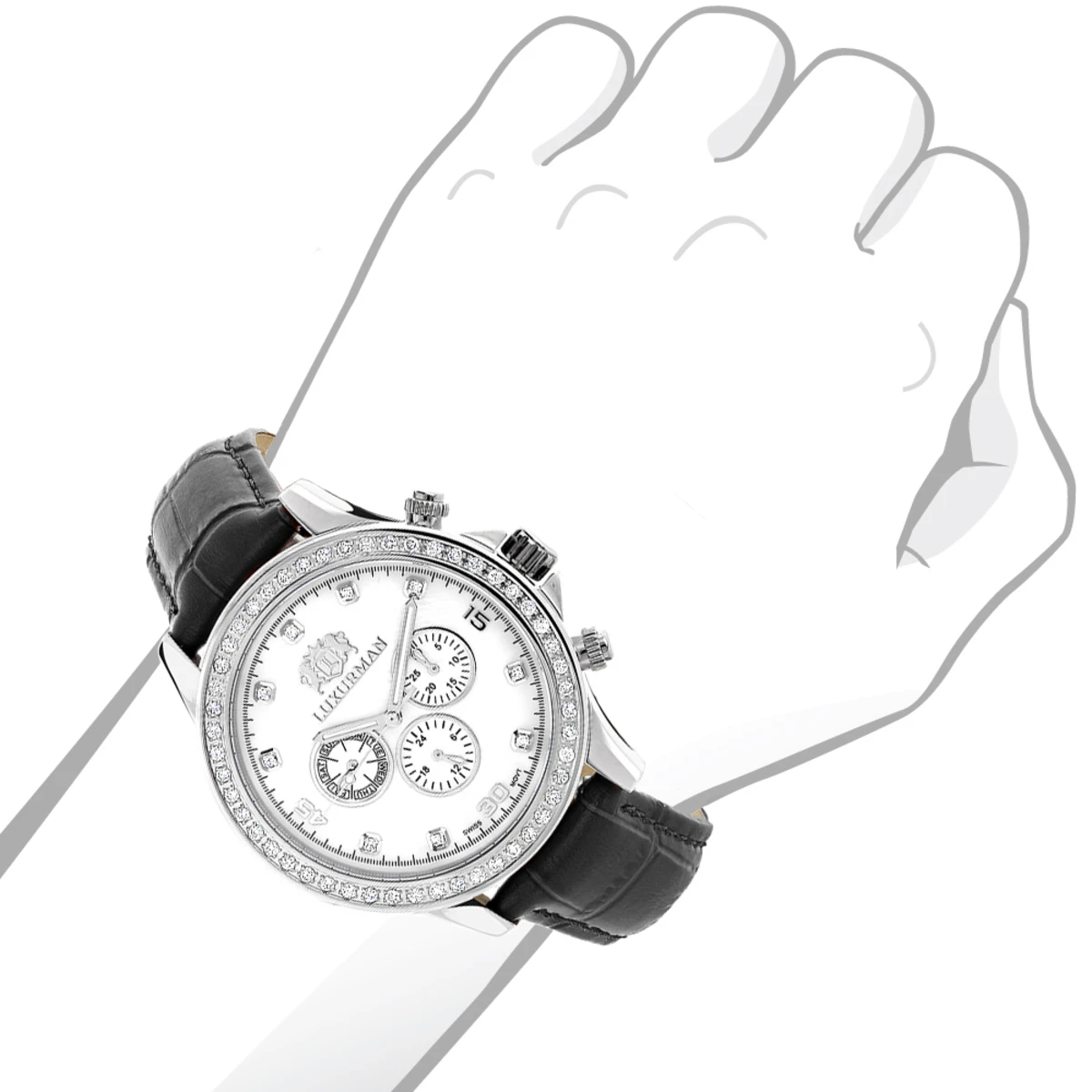 Men's Diamond Luxurman Liberty 2ct Black Leather Band White MOP Watch 3 Men's Diamond Luxurman Liberty 2ct Black Leather Band White MOP Watch - Image 3