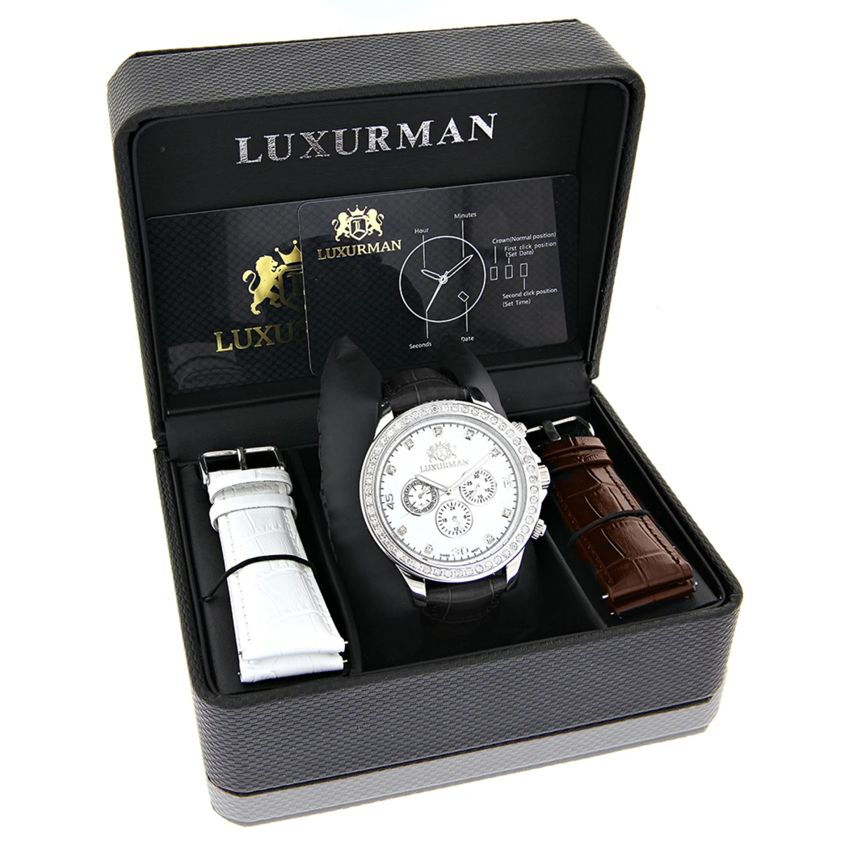 Men's Diamond Luxurman Liberty 2ct Black Leather Band White MOP Watch 4 Men's Diamond Luxurman Liberty 2ct Black Leather Band White MOP Watch - Image 4