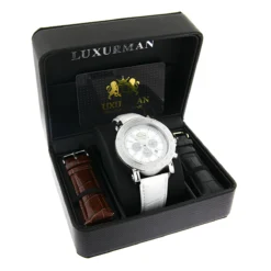 Oversized Men's Diamond Watch Leather Band W White Mop Luxurman Escalade -PNZ Watches Shop oversized mens diamond watch 025ct white mop luxurman escalade chronograph 2 box