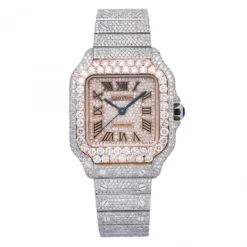Unisex Diamond Watch Cartier Santos De Cartier 18K Gold Rose Gold Tone Dial