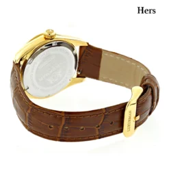 Luxurman Matching His & Hers Yellow Gold Plated Diamond Watch Set With Leather Band -PNZ Watches Shop watches luxurman matching his hers yellow gold plated diamond watches leather band backwh