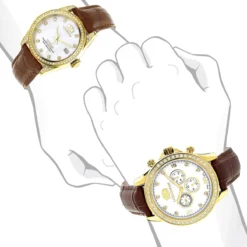 Luxurman Matching His & Hers Yellow Gold Plated Diamond Watch Set With Leather Band -PNZ Watches Shop watches luxurman matching his hers yellow gold plated diamond watches leather band bod
