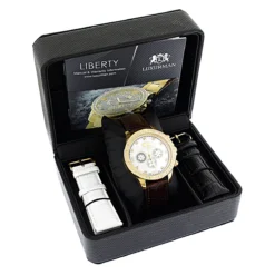 Luxurman Matching His & Hers Yellow Gold Plated Diamond Watch Set With Leather Band -PNZ Watches Shop watches luxurman matching his hers yellow gold plated diamond watches leather band box