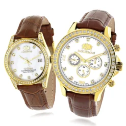 Luxurman Matching His & Hers Yellow Gold Plated Diamond Watch Set With Leather Band