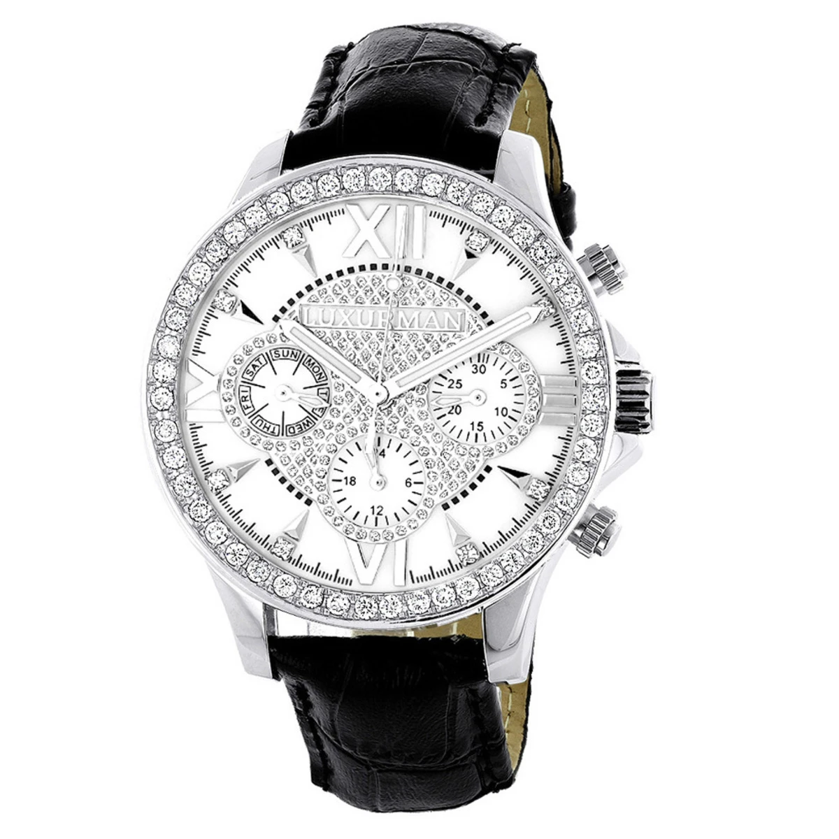 Men's Genuine Diamond Watch Luxurman Liberty Swiss MVT Leather Band White MOP 1 Men's Genuine Diamond Watch Luxurman Liberty Swiss MVT Leather Band White MOP