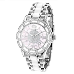 White Ceramic Women's Diamond Watch 1.25ct Pink MOP Luxurman Galaxy