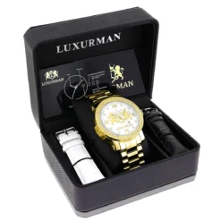 Large 49mm Yellow Gold Plated Diamond Watch For Men By Luxurman Phantom 0.12ct -PNZ Watches Shop yellow gold plated diamond watch for men by luxurman phantom 012ct box