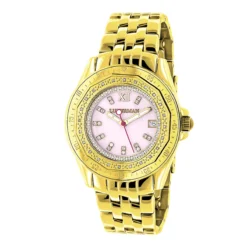 Yellow Gold Plated Ladies Diamond Pink MOP Watch By Luxurman 0.25ct